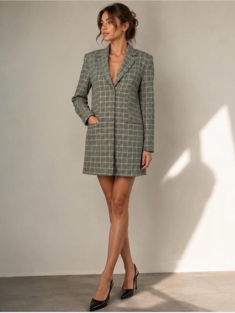 ZARA GREEN ECRU CHECK PRINT BLAZER DRESS WITH SHOULDER PADS SIZE M